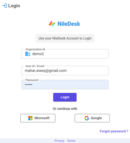 NileDesk Login Screen