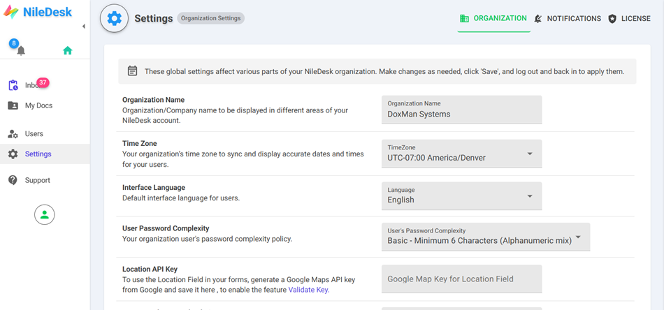 Organization Settings